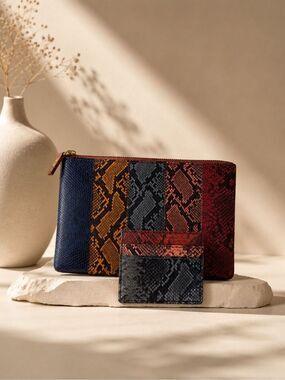 NWOT Madewell Multicolor Snakeskin Leather Pouch & Card Holder Set Colorblock Py